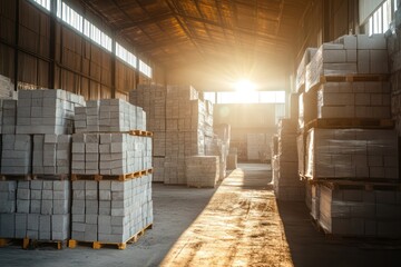 Concrete blocks stacked in sunlit warehouse