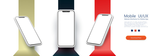 Minimal 3D render of three white smartphones with empty screens floating over red, black, and gold vertical backgrounds for mockups.