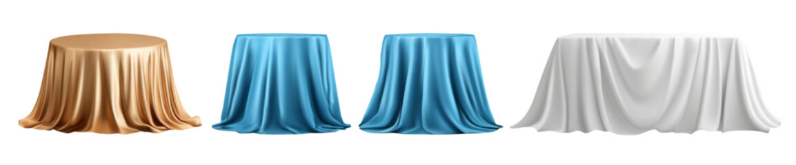 Round and rectangular tables covered with silky gold, blue and white fabric folds, isolated on transparent background for elegant mockups. Vector
