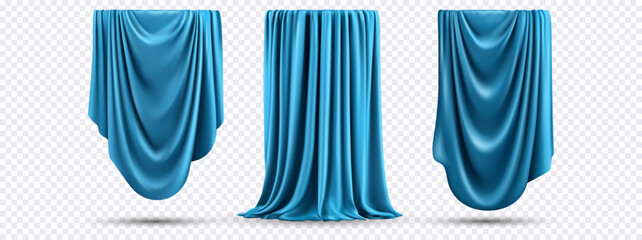 Three silky blue curtains hang and pool realistically, isolated on transparent background, perfect for product unveilings, design presentations, or advertisements.