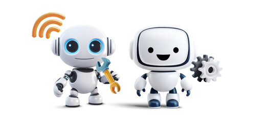 High-resolution 3D vector of two white-blue service robots. One lifts a golden wrench beneath an orange wifi signal, the other shows a silver gear, signifying AI maintenance, automation and connectivi