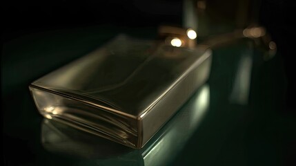 Golden perfume bottle, dark background, reflection, luxury ad