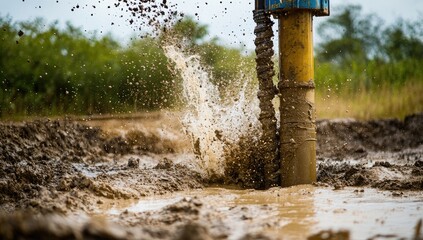 Construction drill splashing mud