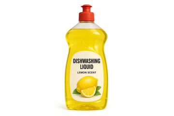Yellow plastic dishwashing liquid bottle with lemon scent on transparent background