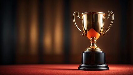 A gleaming golden trophy with ornate handles stands proudly on a dark pedestal against a softly blurred warm toned background symbolizing achievement and victory