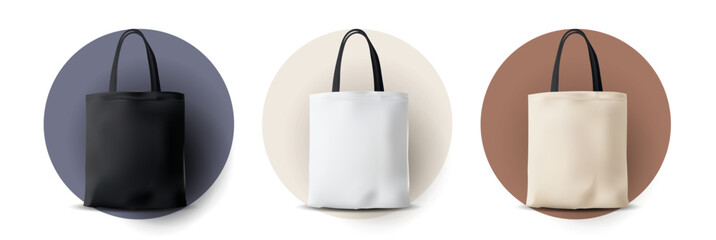 Highly detailed 3D vector showcasing three reusable cotton tote bags in matte black, crisp white and warm beige tones, each with sturdy black handles, set against soft neutral circular backdrops