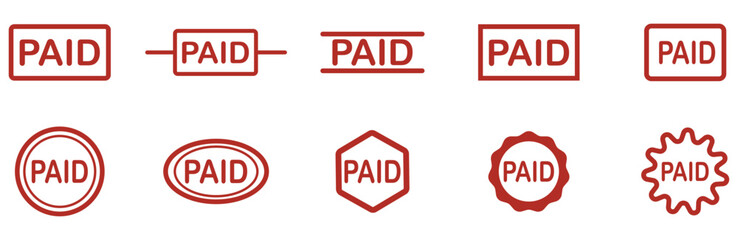 Set of red paid stamp icons in different shapes including round and rectangular styles for invoices, billing, and payment systems