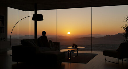 Silhouette of a woman on a sofa in the interior of a room on planet. Woman Contemplating a Stunning Alien Sunset.