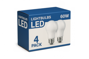 Four 60w led light bulbs in a blue retail package on transparent background