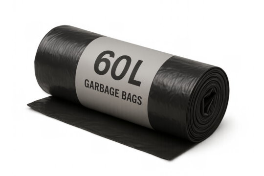 Roll of black garbage bags on transparent background