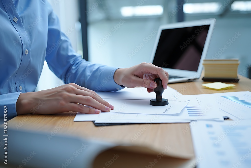 Poster close up of a person s hands using a rubber stamp on a document with a laptop and charts in the back