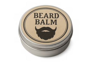 Round tin of beard balm on transparent background