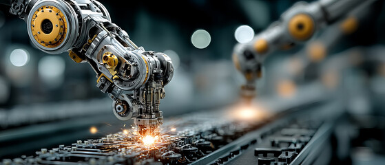 Fototapeta premium Robotic arm welding metal parts with sparks flying industrial automation setting, showcasing advanced manufacturing technology
