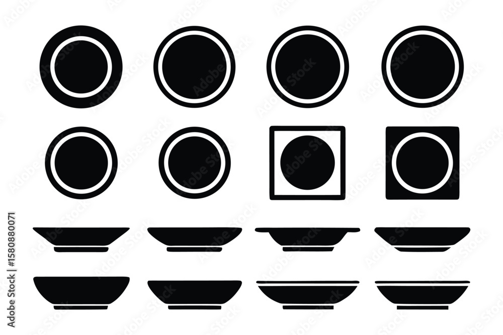 Aufkleber collection of black and white icons representing various plates and bowls in different shapes and st