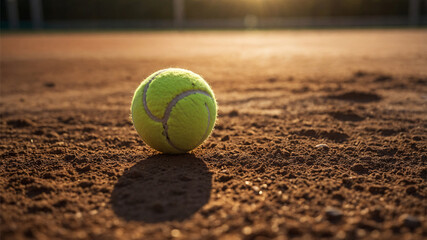 Close-up shot of a yellow-green tennis ball resting on a reddish-brown clay court