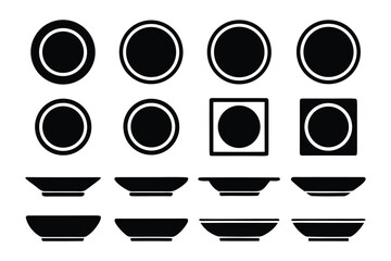 Collection of black and white icons representing various plates and bowls in different shapes and styles