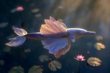 Obraz premium Delicate harmony of nature captured in a serene underwater scene with a graceful dolphin and colorful lotus flowers