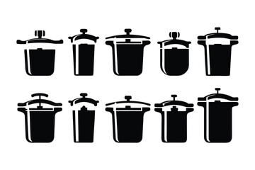 Collection of black and white simple silhouette icons representing various pressure cooker designs and sizes on a white background
