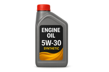 Gray plastic bottle of 5w-30 synthetic engine oil on transparent background