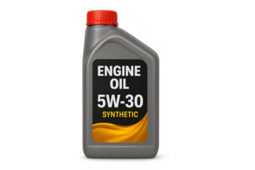 Gray plastic bottle of 5w-30 synthetic engine oil on transparent background