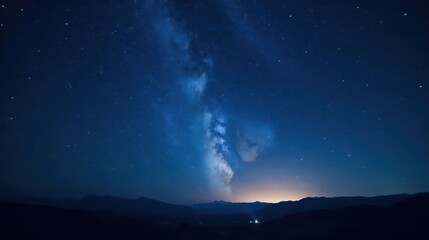 Serene Night Sky Over Silhouetted Mountain Range, Illuminated by a Distant Light Source and the Celestial Dance of the Milky Way