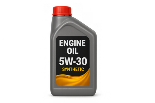 Gray plastic bottle of 5w-30 synthetic engine oil on transparent background