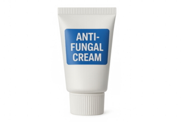 White antifungal cream tube with blue label on transparent background