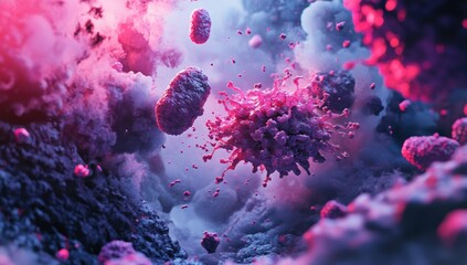 Fototapeta premium Abstract virus illustration. Vibrant pink & purple virus, surrounded by swirling clouds of smoke
