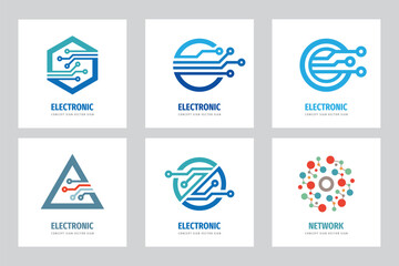 Electronic technology - vector logo set for corporate identity. Abstract chip sign. Computer network, internet concept illustration. Digital tree. Graphic design elements.	