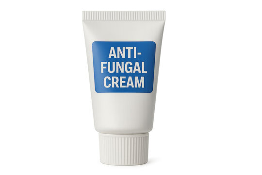 White antifungal cream tube with blue label on transparent background