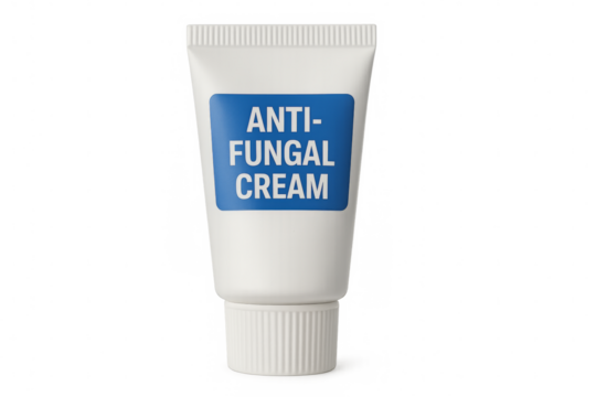 White antifungal cream tube with blue label on transparent background - Powered by Adobe