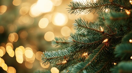 Close-up of Christmas tree branches with warm golden bokeh