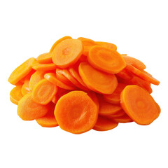 A pile of fresh bright orange carrot slices isolated on transparent background
