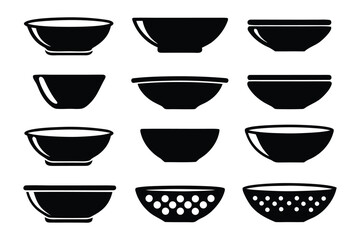 A collection of black silhouette icons featuring various styles and sizes of bowls and colanders on a white background