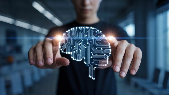 Person interacting with a digital brain interface in a modern office environment setting