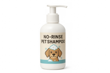 No-rinse pet shampoo bottle with dispenser on transparent background