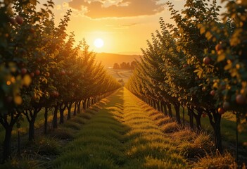 Naklejka premium Amber Fruit Trees A Lush Orchard Bathed in the Gentle Glow of Sunset, Depicted with Hyper Realism and a Focus on Texture.