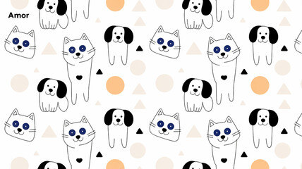 A seamless pattern design of cartoon dogs and cats in a minimalist style on a white background