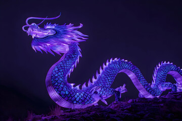 Fototapeta premium Giant illuminated dragon sculpture showcasing cultural significance at night festival beneath a dark sky