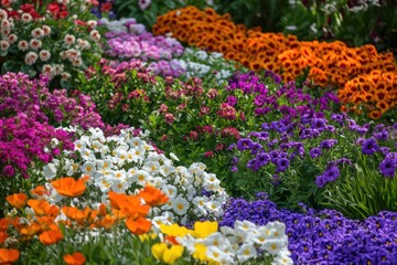 Wavy flower garden with vivid colorful blooms
