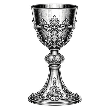 Ornate Silver Chalice with Intricate Floral Design and Stippled Texture isolated on a transparent background