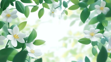 A beautiful floral frame adorns a spring border with white blossoms and lush green leaves, perfect for any nature-inspired design