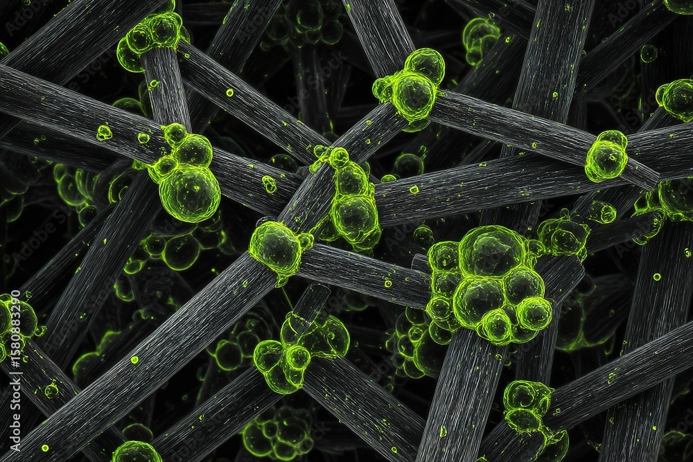 Poster close-up view of microscopic green cells interacting with dark fibers in a complex structure under m