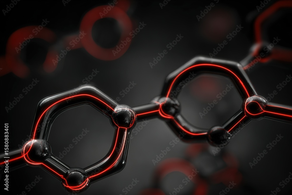 Poster molecular structure with glowing elements showcases intricate design in a dark background