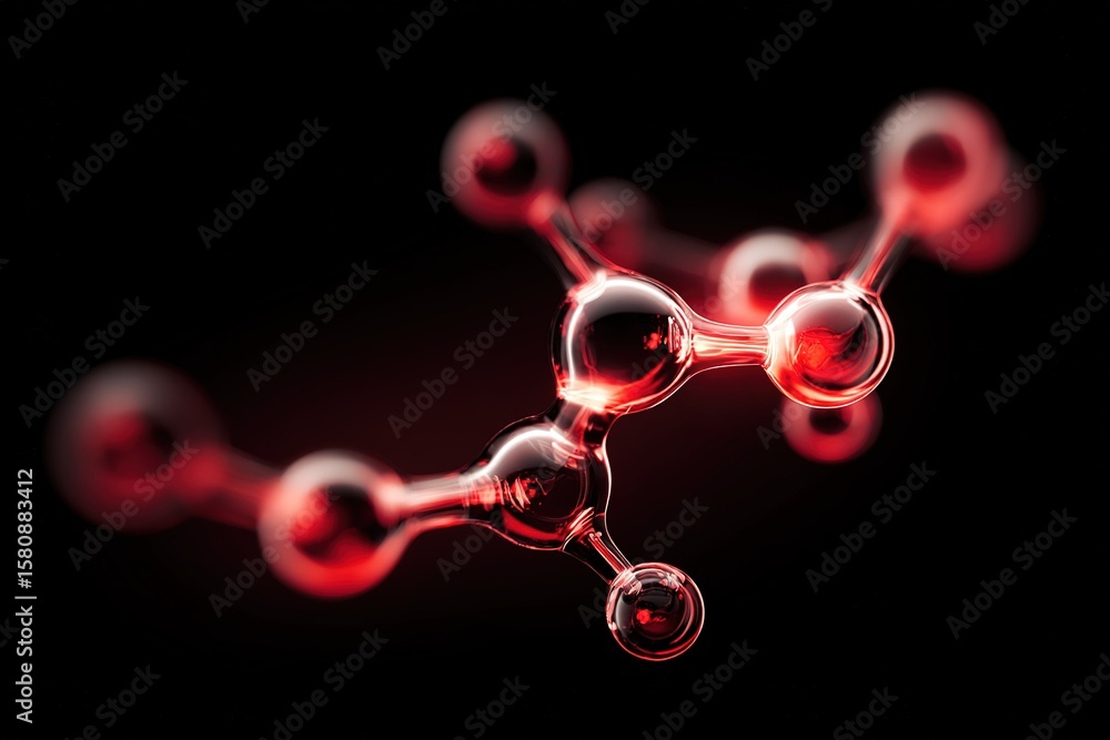 Poster complex molecular structure illuminated in vibrant red against a dark background showcasing scientif