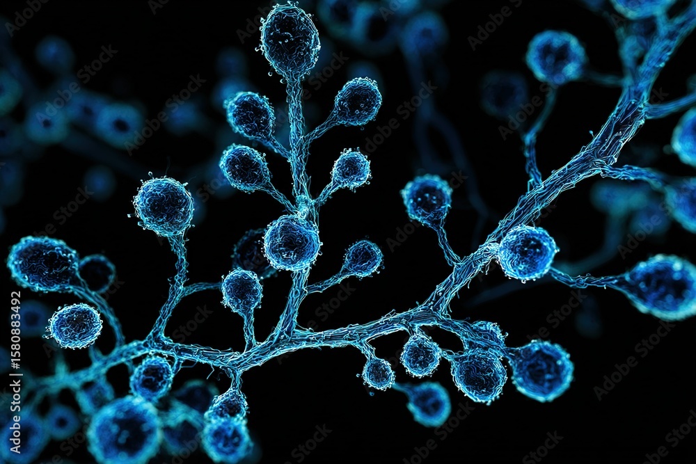 Poster microscopic view of blue fungi with intricate structures glowing against a dark background