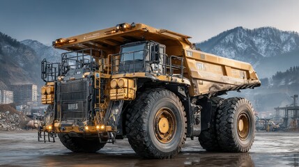 Massive yellow mining truck, mountains backdrop