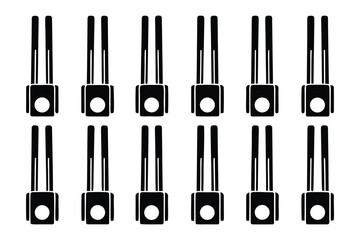 Naklejka premium A clean minimalist graphic design featuring a repeating pattern of twelve black stylized chairs with rounded tops and circular seats against a stark white background