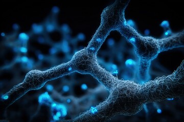 Scientific visualization of interconnected blue cells resembling molecular structures in a dark background