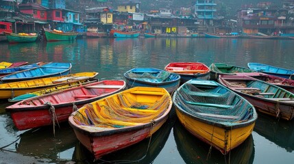 Obraz premium Colorful boats docked at a lakeside village.